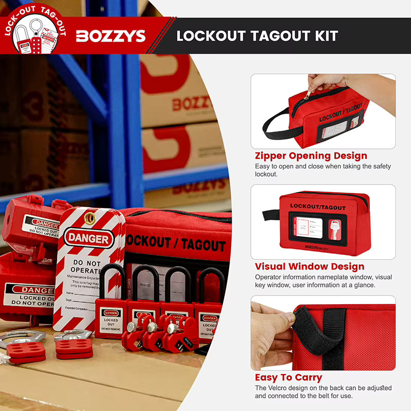 BOZZYS Elektrisches Lockout-Tagout-Schloss-Set in Rot mit Vorhängeschloss, Haspen, Leistungsschalter- und Stecker-Verriegelungsvorrichtung sowie Tagout-Etiketten - Bild 2