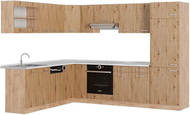 Vicco R-Line Eckküche Artisan-Eiche/Goldkraft Eiche mit Marmor-Optik, B/T/H: 227 x 287 x 207 cm - Bild 1