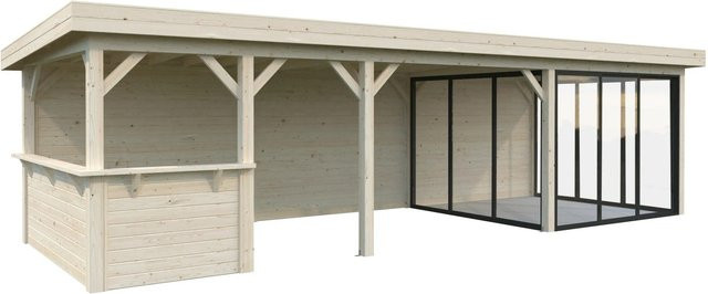 Palmako Pavillon Lenna Set 416 Slide aus Fichtenholz in Braun mit transparenten Alu-Schiebetüren und Eck-Tresenanlage, B/H/T: 876 x 245 x 300 cm - Bild 1