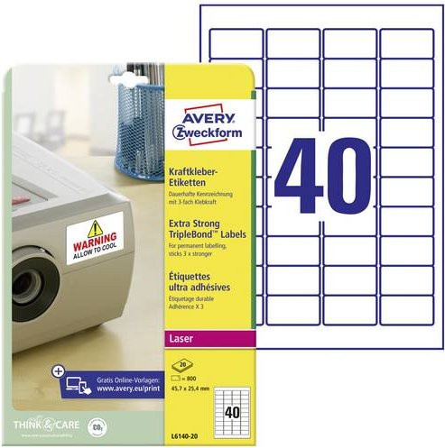 Avery Zweckform Folienetiketten L6140-20 Weiß, Permanentkleber, für Laserdrucker, Breite: 45,7 mm, Höhe: 25,4 mm, 800 Stück - Bild 1