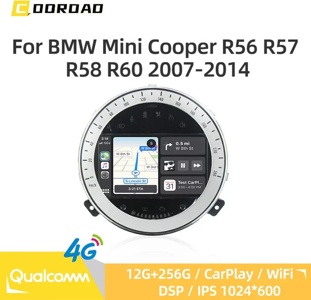 COOROAD Android 13 Auto Multimedia Player mit 12GB RAM und 256GB Speicher, CarPlay, GPS, 4G WiFi und DSP RDS Radio für BMW Mini Cooper R56 R57 R58 R60 (2007-2014), Schwarz - Bild 1