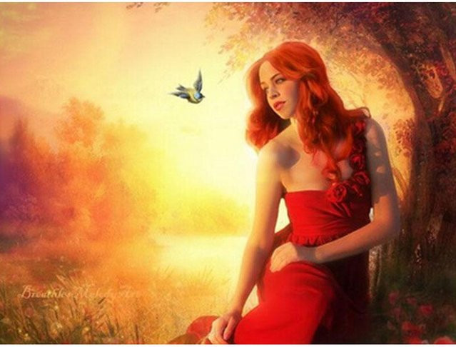 FIYO DIY Diamantmalerei Set mit Vogel und Frau in Rot, Motiv Illustration, B x H: 20 x 30 cm, Multicolor - Bild 1