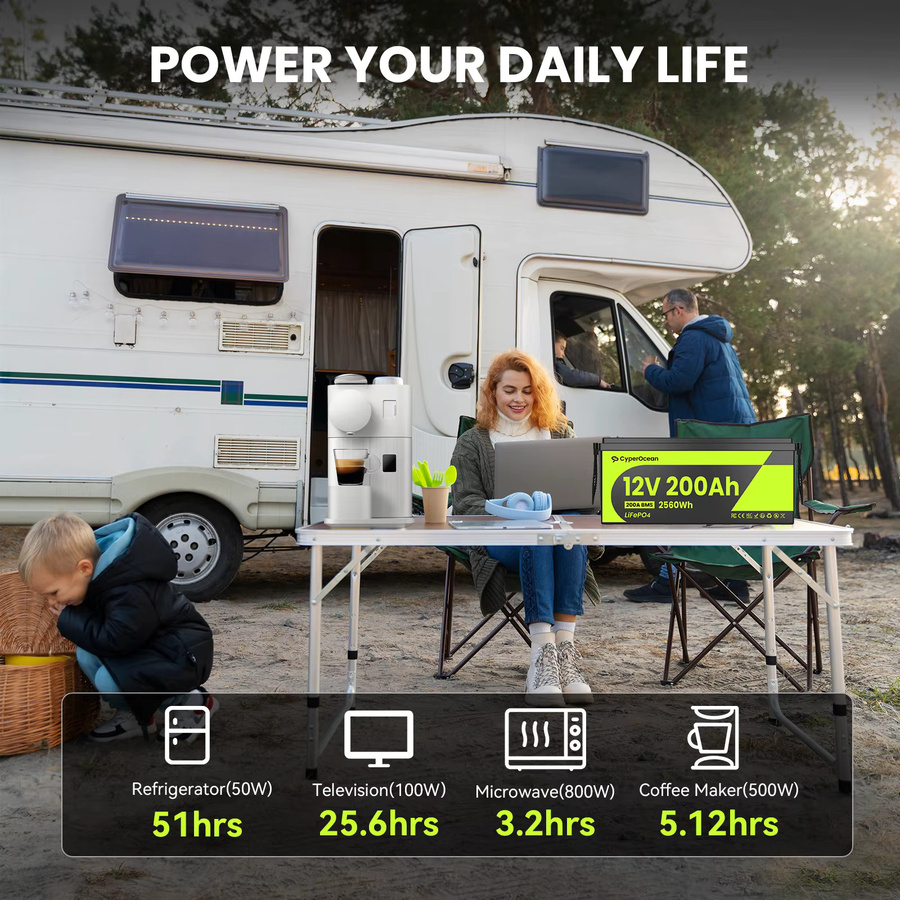CyperOcean LiFePO4-Batterie 12V 200Ah mit integriertem 200A-BMS, wiederaufladbare Lithiumbatterie 2560Wh in Schwarz mit Niedertemperaturschutz für Wohnmobile, Boote und Camping - Bild 5