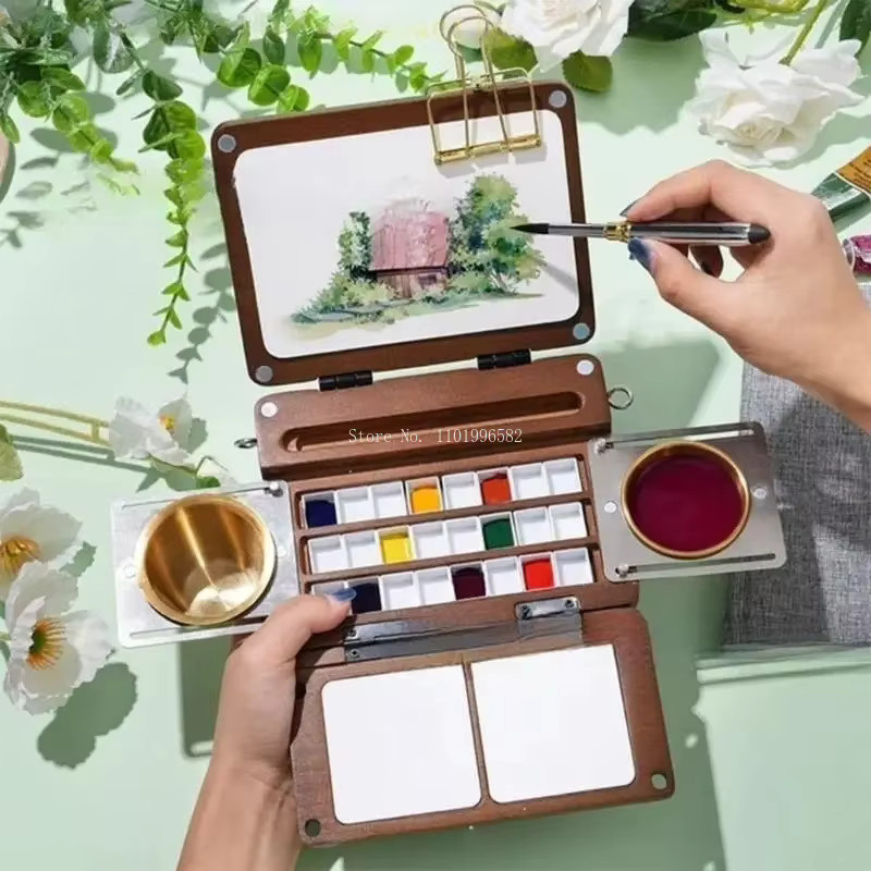 Faltbare Holz-Malpalette in Braun mit 24 Fächern für Aquarell und Outdoor-Reisen - Bild 2