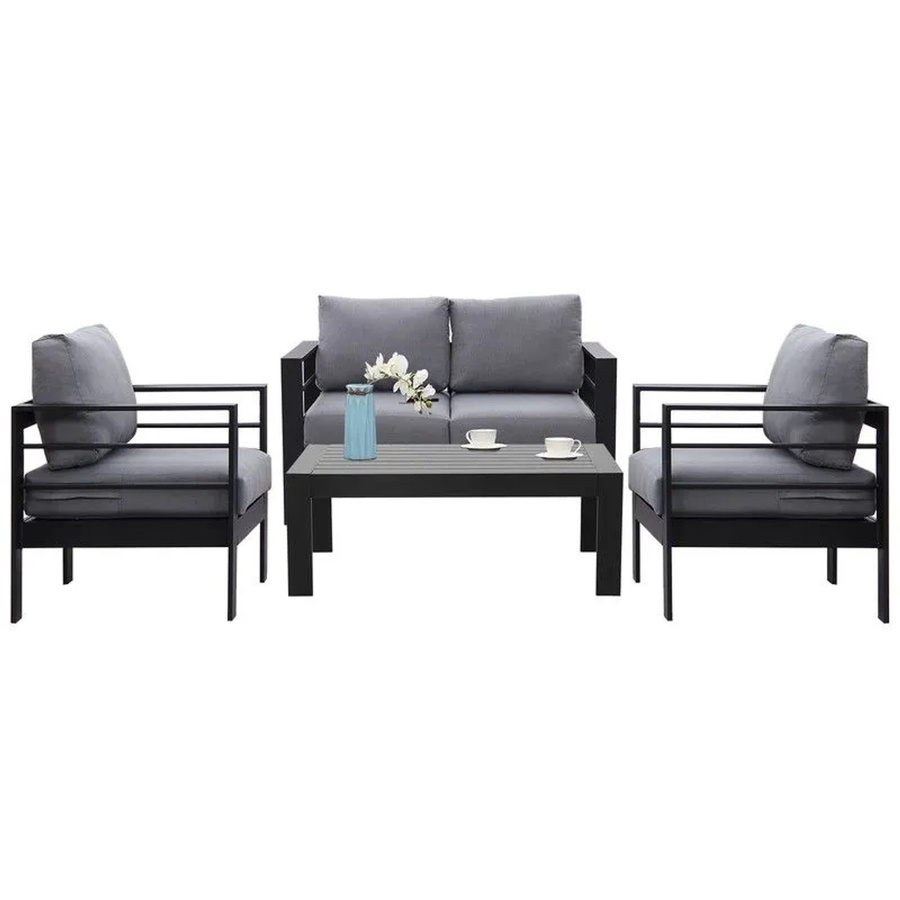 MEXO Gartenmöbel Lounge-Set Genua für 4 Personen aus pulverbeschichtetem Aluminium mit Polstern in Schwarz und Grau - Bild 3