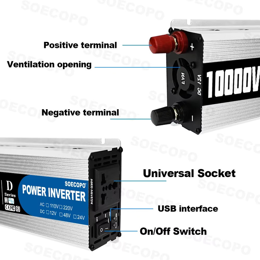 Soecopo Wechselrichter 10000 W DC-AC-Konverter in Silber mit 12 V/24 V/48 V Eingang und 110 V/220 V Ausgang sowie Überlastschutz - Bild 2