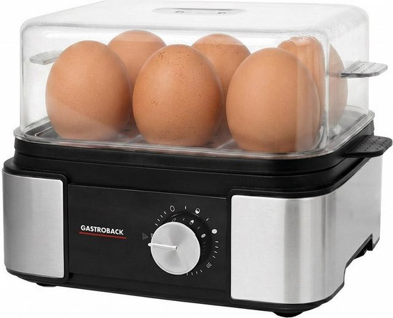 Gastroback Easycook 6 Eierkocher in Schwarz und Silber mit 400 W, Pochier- und Dämpfeinsatz sowie akustischem Signal