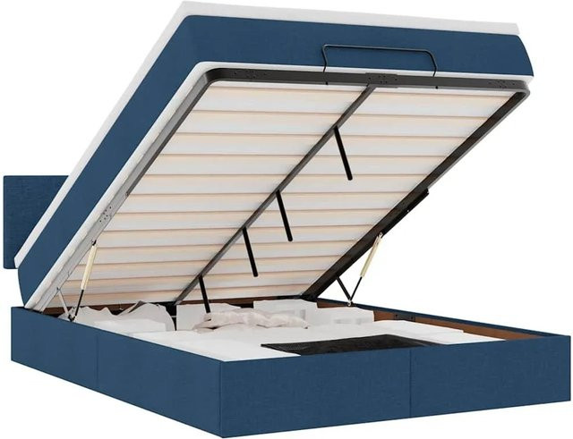 vidaXL Ottoman-Bett mit Matratze in Blau und Weiß, modernes Polsterbett mit Lift-up-Funktion, B/T/H: 140 x 200 x 42 cm (Matratze) bzw. Gesamthöhe 144 cm - Bild 1