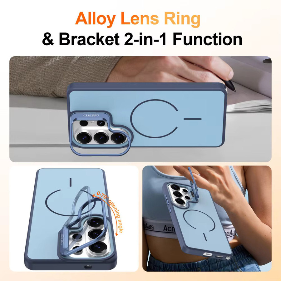 Magnetische Silikon Schutzhülle mit Ring-Objektivständer für Samsung S25 Ultra, S26 Plus und S24 FE, MagSafe kompatibel, stoßfest, in Orange oder Blau - Bild 2