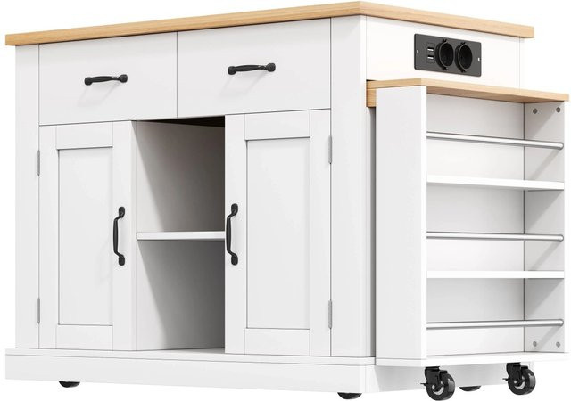 okwish Kücheninsel mit ausziehbarem Esstisch und Rollbaren Regalen in Weiß, B/T/H: 132 x 60 x 93 cm - Bild 1