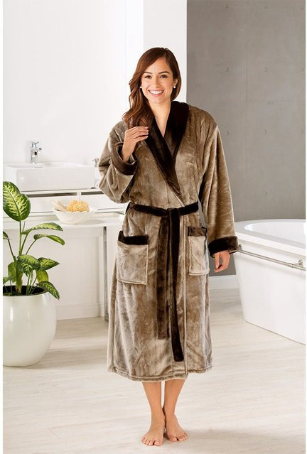 GÖZZE Bademantel Seiden-Feeling unisex in Taupe/Grau, Größe S - Bild 1