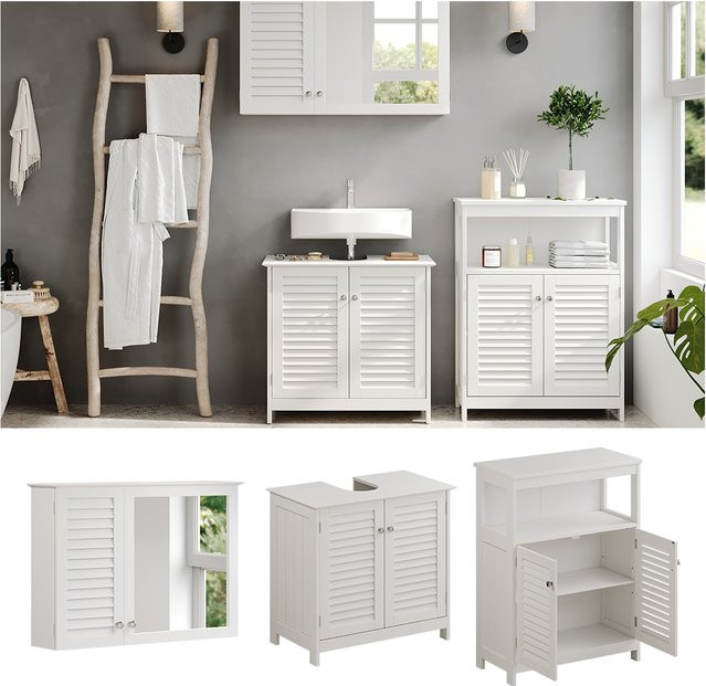 Vicco Badmöbel-Set Riad in Weiß, modernes 3-teiliges Badezimmer-Set mit Spiegelschrank, Waschtischunterschrank und Sideboard mit Lamellen-Front - Bild 2