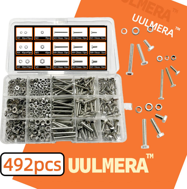 UULMERA Edelstahl-Sechskantschrauben-Set in Silber mit Muttern, Federscheiben und Flachscheiben, 492 Stück (M3, M4, M5) - Bild 1