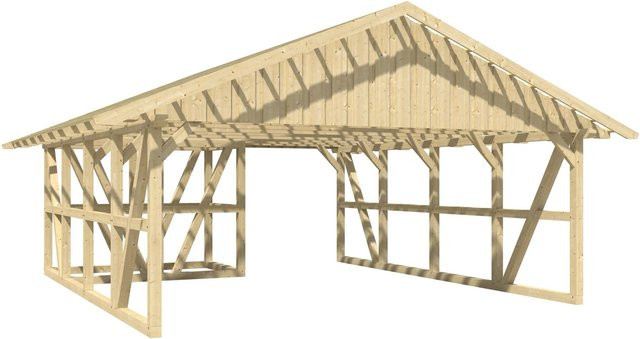 Skan Holz Carport Schwarzwald aus Fichtenholz mit Satteldach, Dachlattung und Abstellraum, Farbe: Natur/Braun, B: 684 cm, T: 772 cm - Bild 1