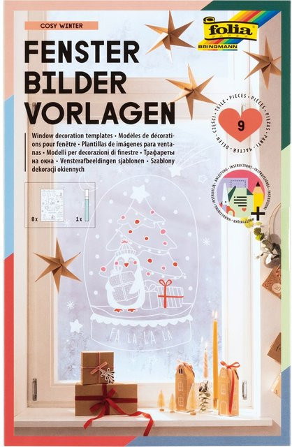 Fensterbilder Vorlagen Cosy Winter in Weiß mit Motiven wie Kränzen, Tieren, Geschenken und Girlanden aus Papier - Bild 1