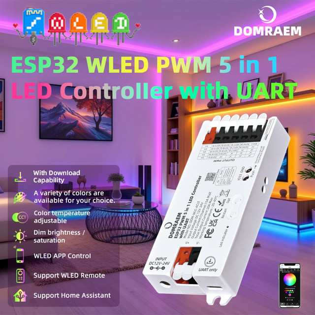 DOMRAEM ESP32 PWM 5-in-1 WLED-Controller mit UART für RGB, RGBWCCT LED-Streifen, kompatibel mit Amazon Alexa und Google Assistant - Bild 1