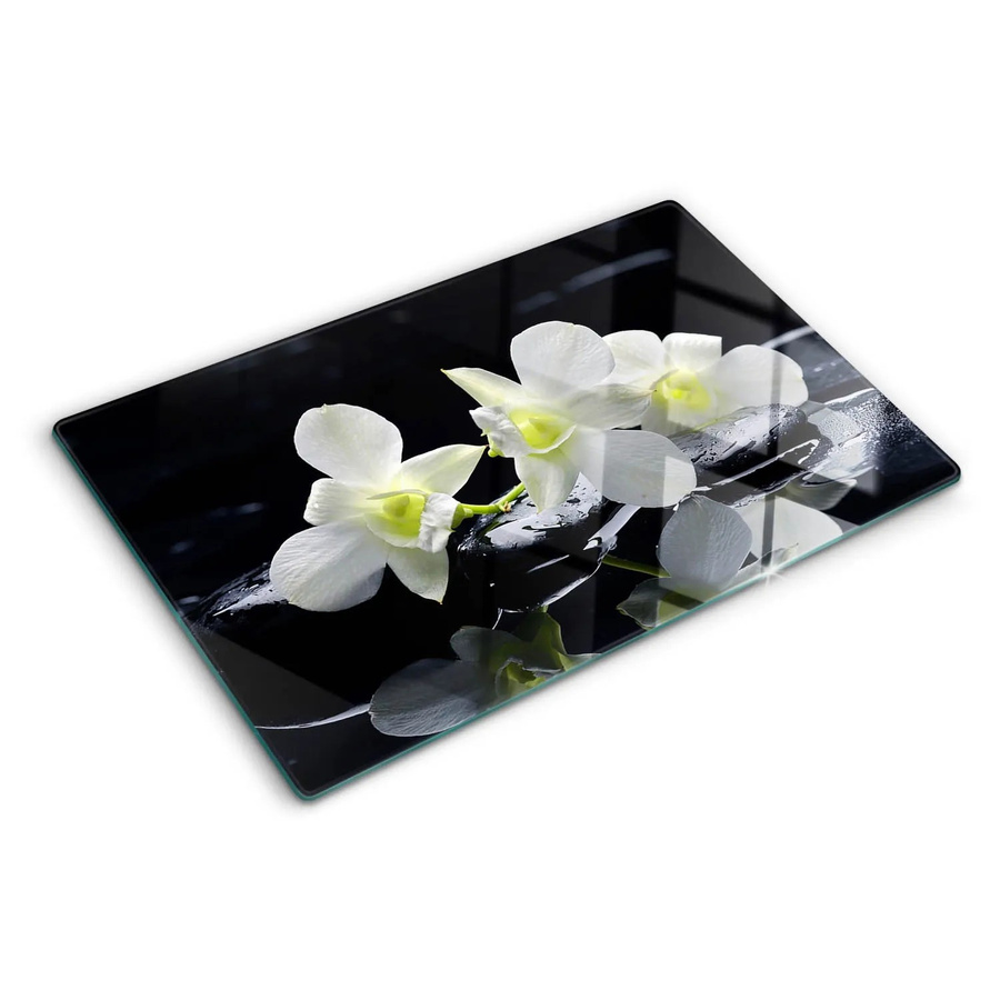 Tulup Herdabdeckplatte aus Glas mit Orchideen-Design in Schwarz, B/T: 80 x 52 cm - Bild 2