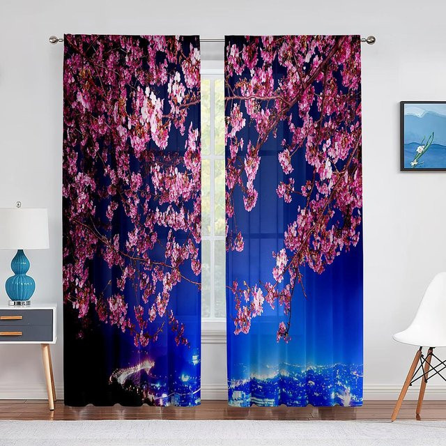 Kirschblüten Tüllvorhang von Super Six in Rosa, transparenter Chiffon-Voile mit Blumenmuster für Wohnzimmer und Schlafzimmer, Breite: 100 cm, Höhe: 250 cm - Bild 1