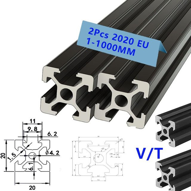 2 Stück eloxierte 2020 V-Nut Aluminiumprofile mit T-Nut für 3D-Drucker und Linearschienenrahmen, Länge: 1-1000 mm - Bild 1