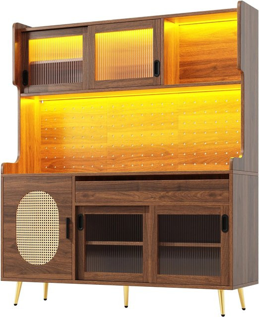 Merax Buffetschrank mit LED-Beleuchtung und Fluted-Glas-Türen in Braun/Schwarz, B/T/H: 145 x 39 x 171 cm - Bild 1