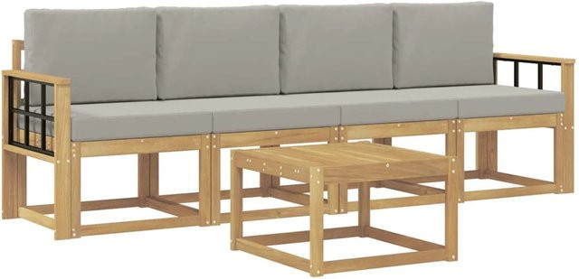 vidaXL Outdoor-Sofagarnitur 5-teilig aus Akazienholz mit Polstern in Weiß-Hellgrau, B/T/H: 59 x 59 x 37 cm - Bild 1