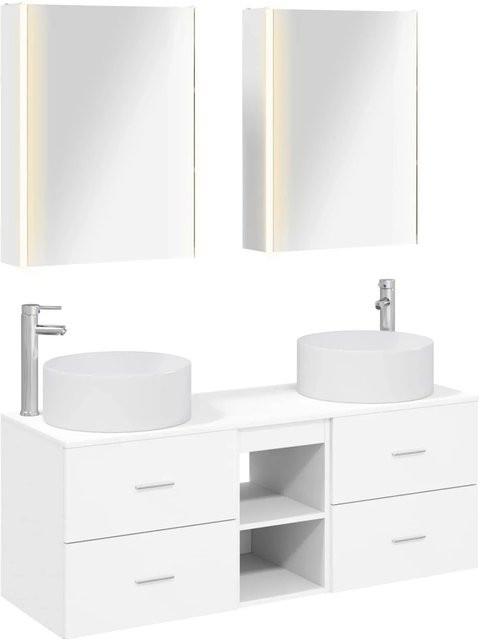 vidaXL Badezimmermöbel-Set in Weiß, bestehend aus Waschtischunterschrank und Spiegelschrank mit LED-Beleuchtung und Glasfronten - Bild 1