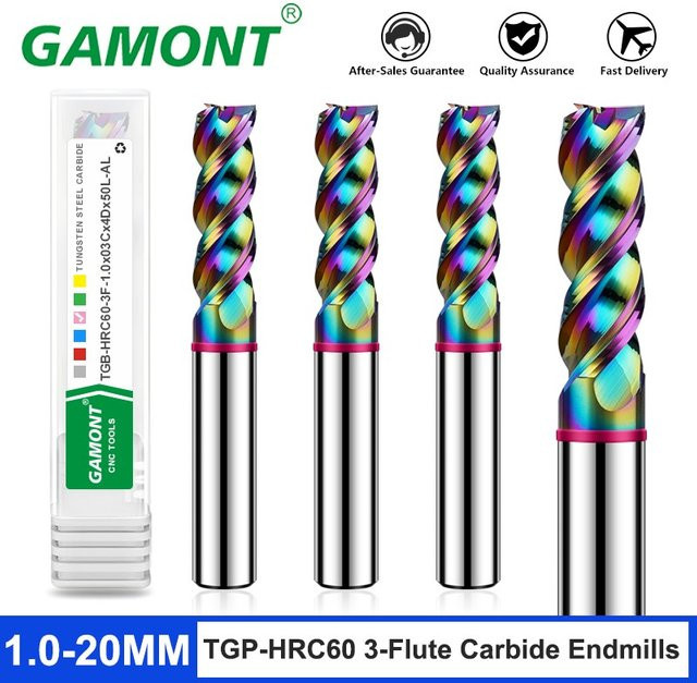 Gamont TGP-HRC60 3-flöte Flachfräser aus Wolframkarbid mit DLC-Beschichtung für die CNC-Bearbeitung von Aluminium, Mehrfarbig - Bild 1
