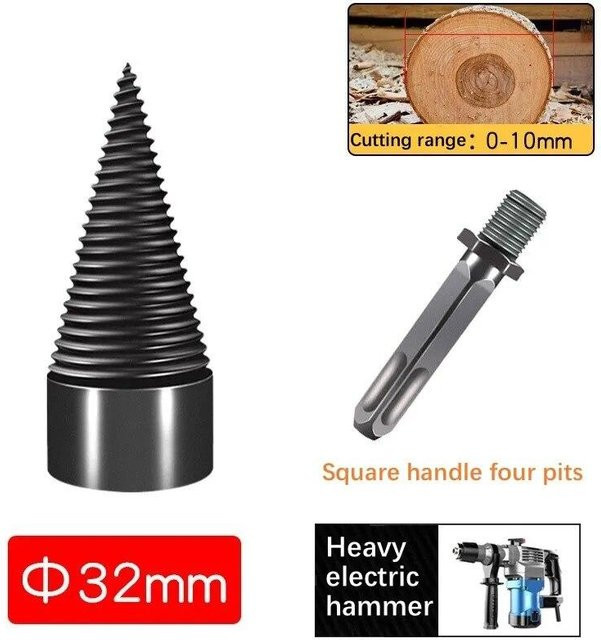 JR-Studio Holzspalter Schraube Kegel Bohrer mit abnehmbarem Kopf, Schwarz, Durchmesser: 32 mm, Quadratischer Schaft - Bild 1