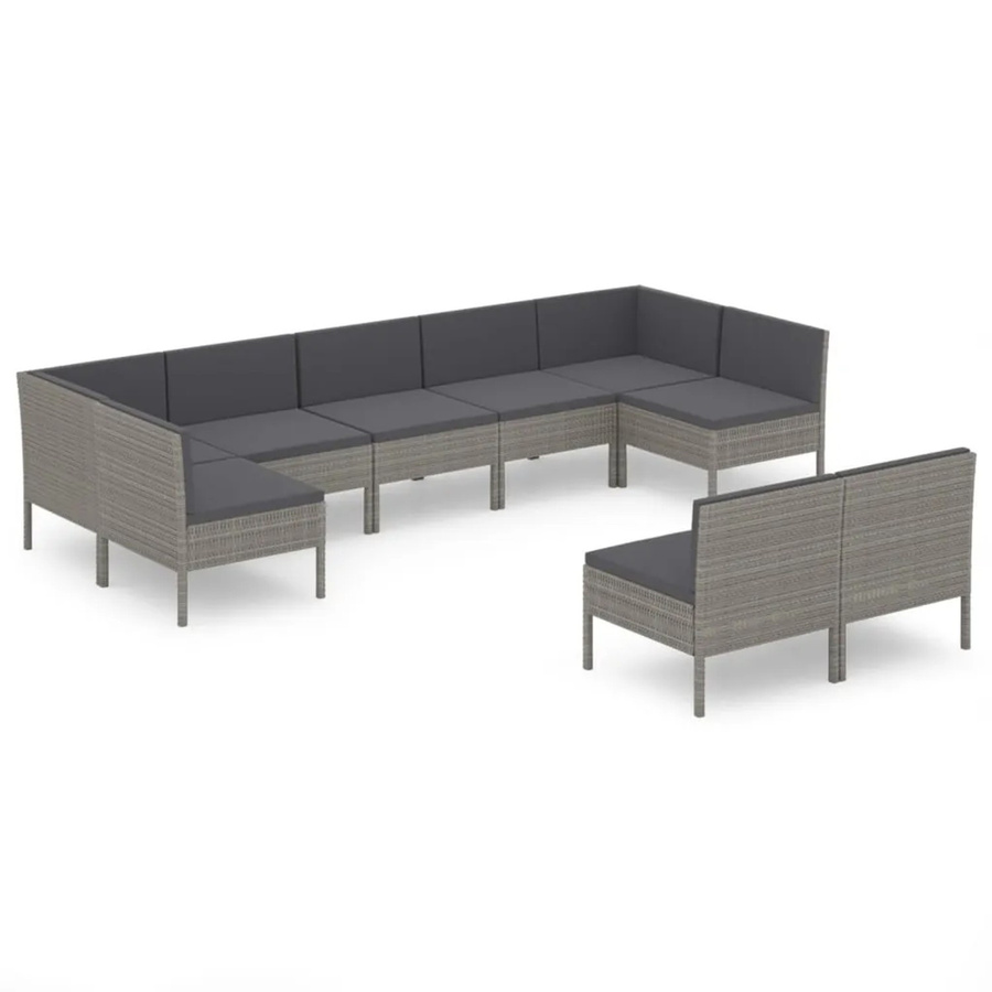 vidaXL 9-tlg Garten-Lounge-Set aus Poly Rattan in Grau mit Auflagen und Kissen in L-Form - Bild 2