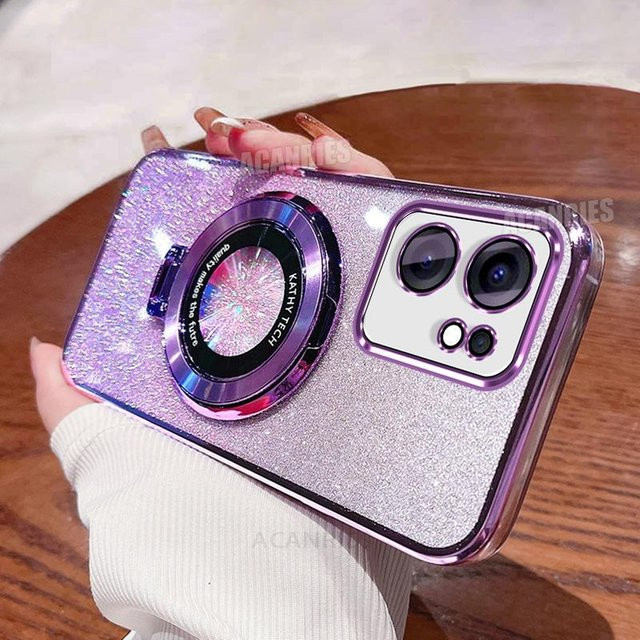 Stoßfeste Silikonhülle mit Glitzerbeschichtung und Ständer für Oppo Reno13 F / Reno13 Fs 5G in Purple - Bild 1