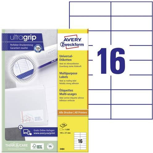 Avery Zweckform Universal-Etiketten 3484, Weiß, Papier, B/H: 105 x 37 mm, 1600 Stück - Bild 1