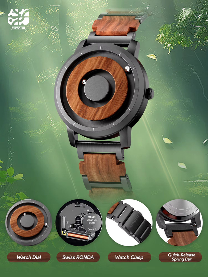 EUTOUR Armbanduhr, Quarz, Holz, Edelstahl, Schwarz, Herren - Bild 6