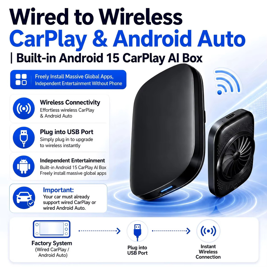 Android 15 CarPlay AI Box Schwarz: Kabellose Umwandlung von CarPlay und Android Auto mit Netflix und YouTube Kompatibel mit Volkswagen VW Kia und Toyota - Bild 4