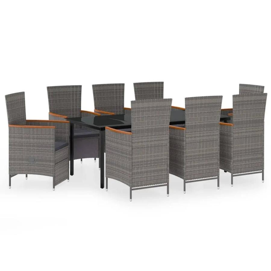 vidaXL 9-teilige Garten-Essgruppe aus PE-Rattan und Akazienholz in Grau mit Glasplatte - Bild 2