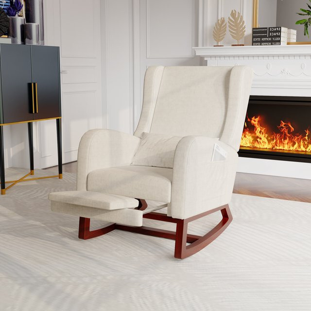Anajqaqia Schaukelstuhl Relaxsessel mit Fußstütze aus Samtstoff in Beige - Bild 1