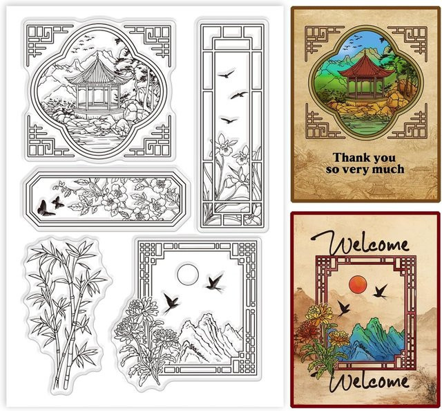Transparente Silikonstempel Set für Heimwerker mit Motiven Chinesischer Bambus und Japanischer Chrysantheme - Bild 1