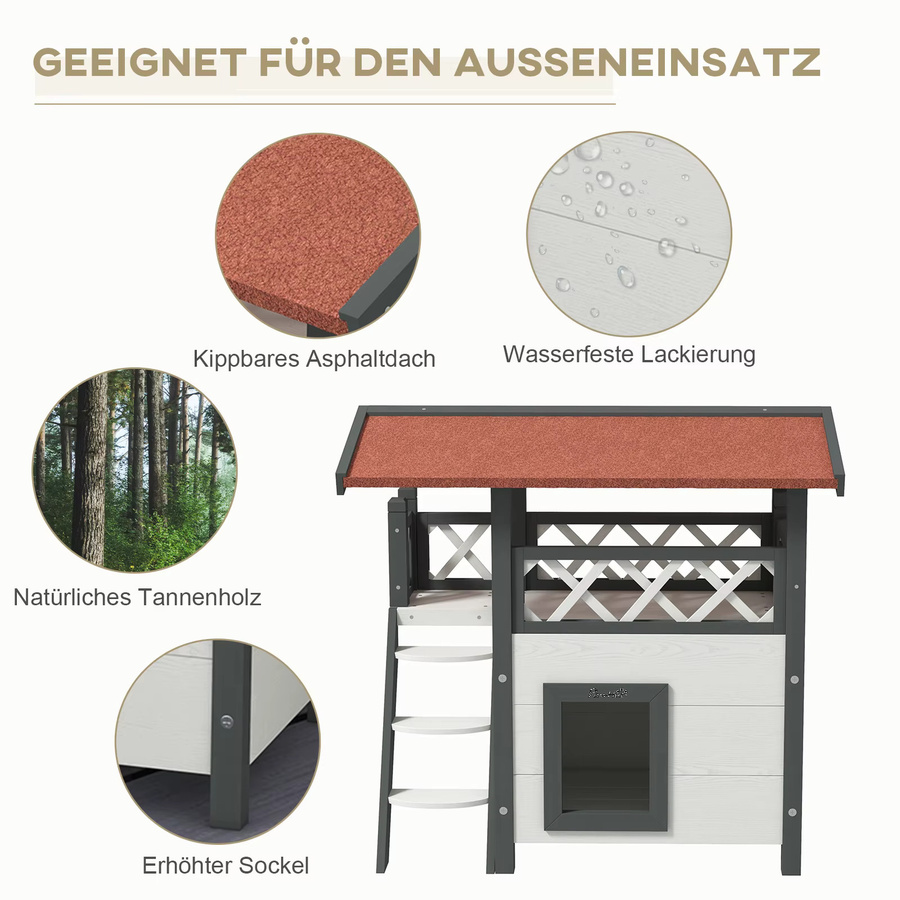 Svintora 2-stöckige Katzenvilla aus Holz mit wetterfestem Asphaltdach, Balkon und Kletterleiter für Garten, Balkon oder Terrassen - Bild 5