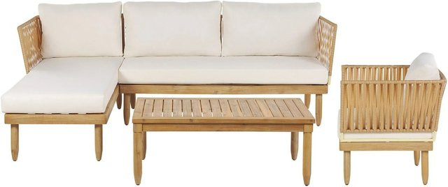 Beliani Lounge Set CREMONA aus Akazienholz in Cremeweiß und Braun mit L-Form, Outdoor-Sofa, Sessel und Couchtisch im Boho-Stil - Bild 1