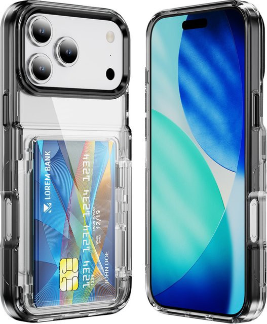 SZMUGUA Transparente iPhone Hülle mit Kartenhalter und Brieftaschenfunktion aus stoßfestem Acryl-Hardcover in Transparent und Schwarz - Bild 1
