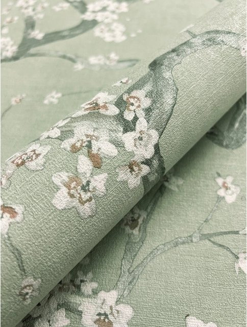 Newroom Vliestapete Ksenja Sage Kirschblüten in Grün mit floralem Design und FSC-Zertifizierung - Bild 1