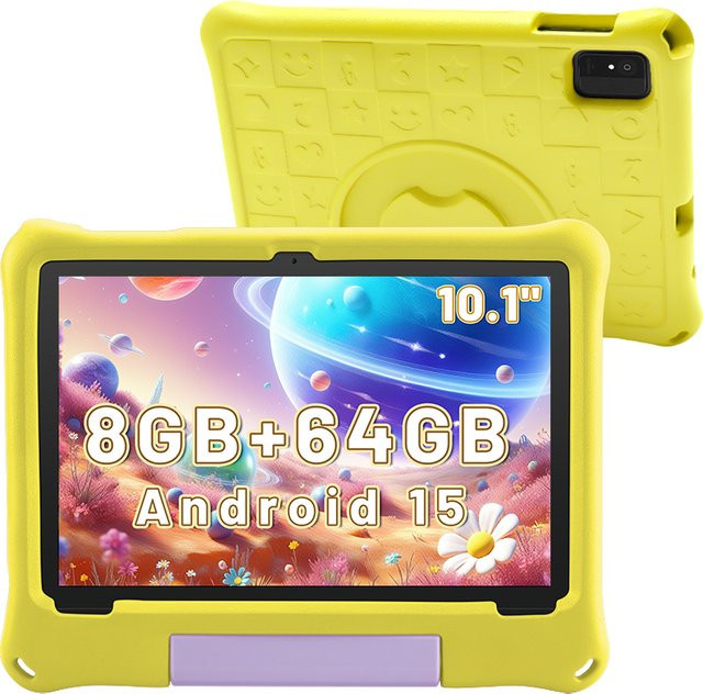 Paitanry Kinder-Tablet mit Android 15, 10,1 Zoll Display, 8 GB RAM, 64 GB Speicher, Gelb, inklusive Hülle und Dual-Kamera - Bild 1