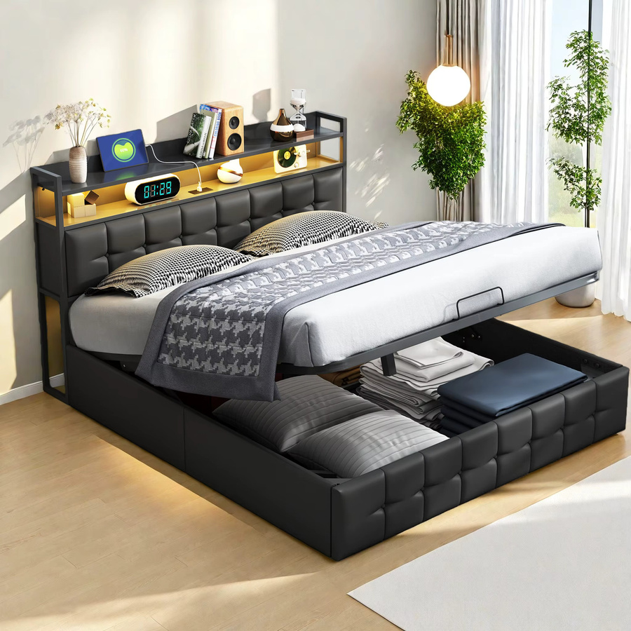 Anajqaqia Polsterbett mit Stauraum und Hydraulikfunktion, Doppelbett aus Leder, Schwarz, B/T: 160 x 200 cm - Bild 3