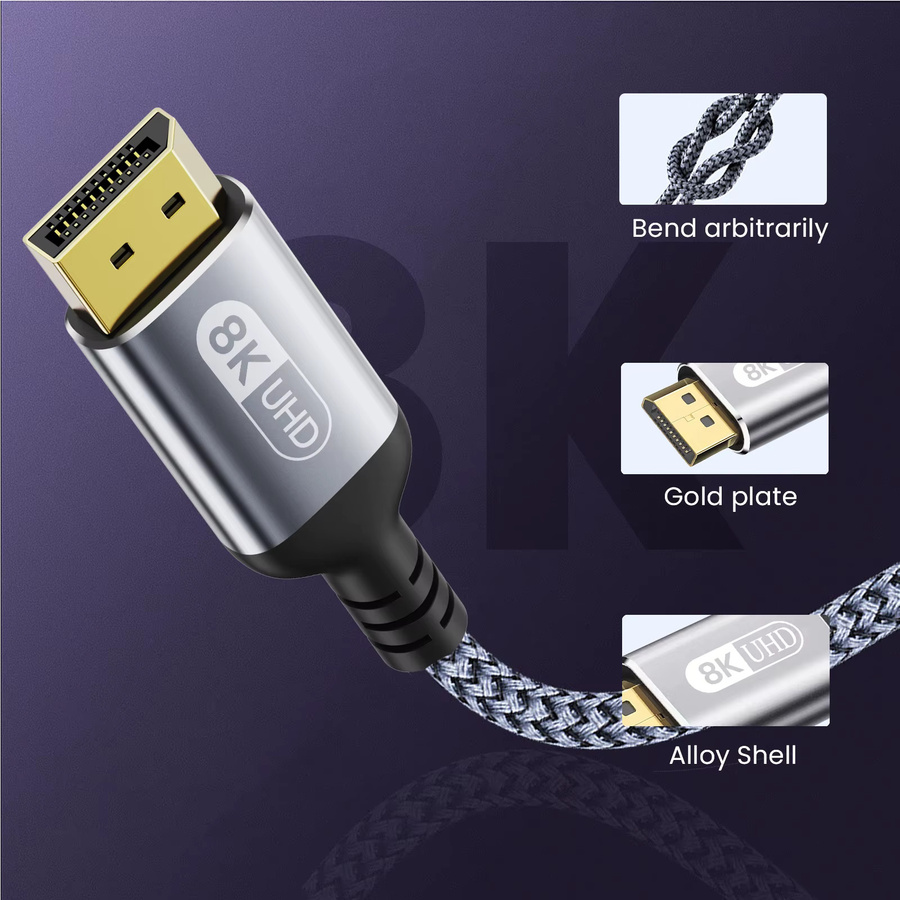 NIERBO DisplayPort-Kabel 1.4 für 8K bei 60 Hz, HDR 10, G-Sync und FreeSync, 32,4 Gbit/s Hochgeschwindigkeits-DP-Kabel - Bild 4