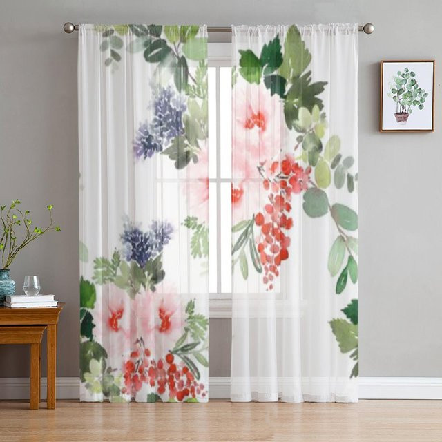 Transparenter Chiffon-Tüllvorhang mit Aquarell-Blumen-Design von Super Six in Weiß, B: 135 cm, H: 114 cm - Bild 1