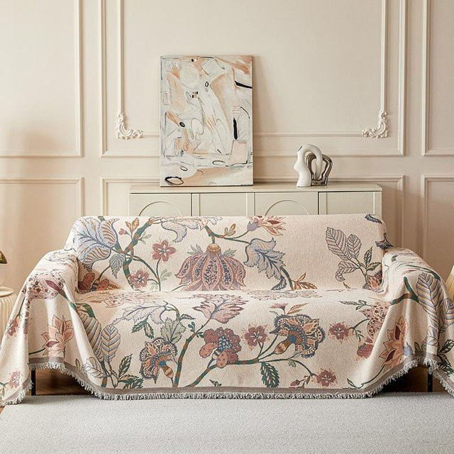 Chenille Sofaabdeckung mit floralem Druck in Beige, universelle Sofadecke für alle Jahreszeiten, Breite: 480 cm, Tiefe: 180 cm - Bild 1