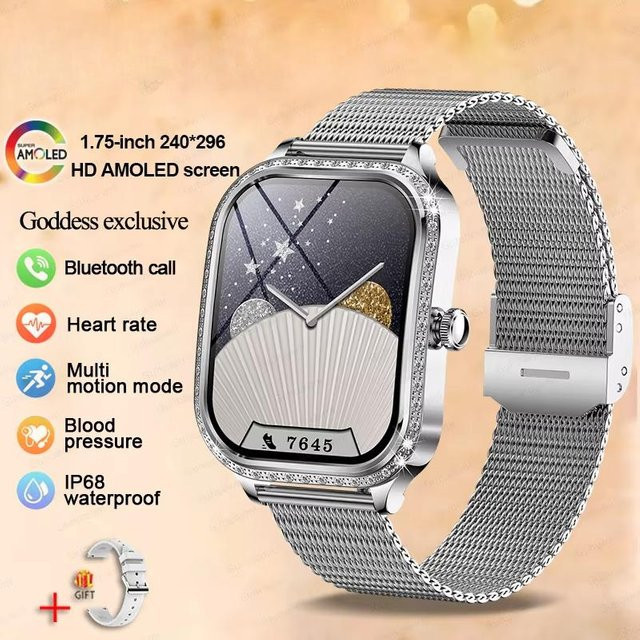 QLY Online Smartwatch für Damen mit 1,75 Zoll AMOLED Display, Silber, Milanaise Mesh Band, IP68 Wasserdicht, Bluetooth Anruffunktion, Herzfrequenz- und Schlaftracking - Bild 1
