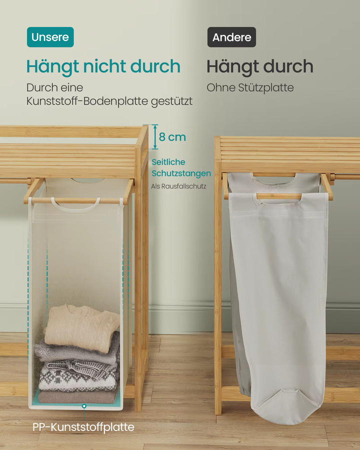 SONGMICS Wäschekorb aus Bambus mit drei Fächern, Grau, B/T/H: 94 x 33 x 78 cm - Bild 2