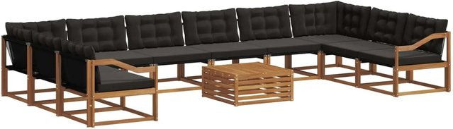 vidaXL Outdoor-Sofagarnitur aus massivem Akazienholz in U-Form, 11-teiliges Set mit Textilene und Kissen, Natur und Schwarz - Bild 1