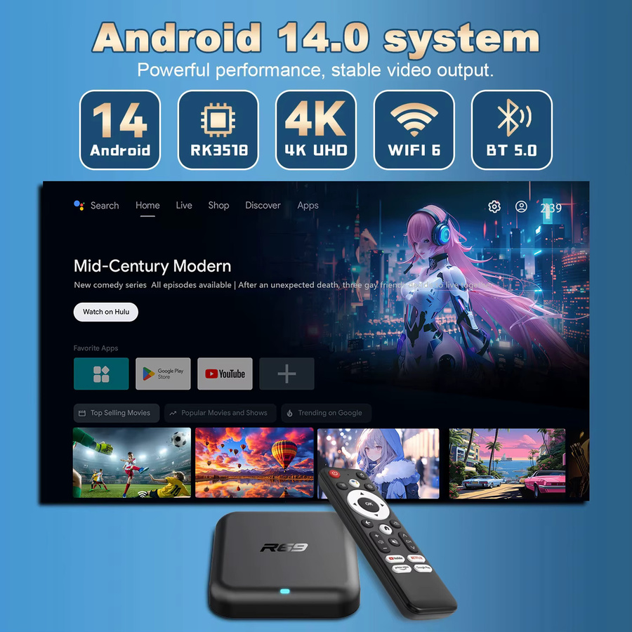 MORTAL Smart TV Box R69-1 mit Android 14.0, 4K UHD, 6 GB RAM, 128 GB ROM, Bluetooth 5.0 und WLAN - Bild 2