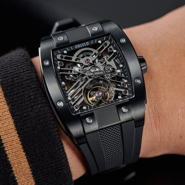 OBLVLO Armbanduhr Automatik, Tonneau, Edelstahl, Schwarz, Herren - Bild 1